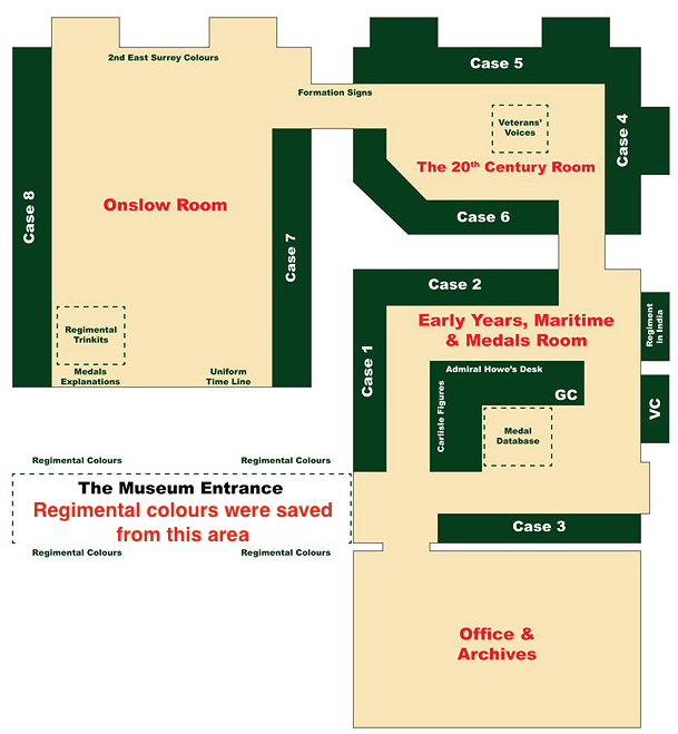 Plan of the Surrey Infantry Museum showing the area from which the colours were rescued.